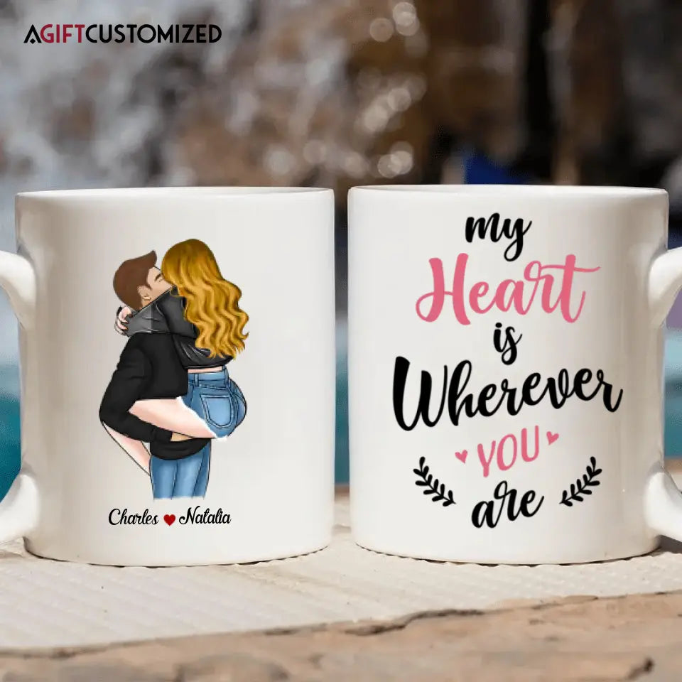 Agiftcustomized Personalized Custom White Mug - Anniversary Gift For Couple - My Heart Is Wherever You Are