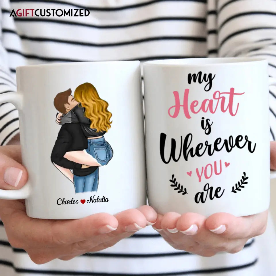 Agiftcustomized Personalized Custom White Mug - Anniversary Gift For Couple - My Heart Is Wherever You Are
