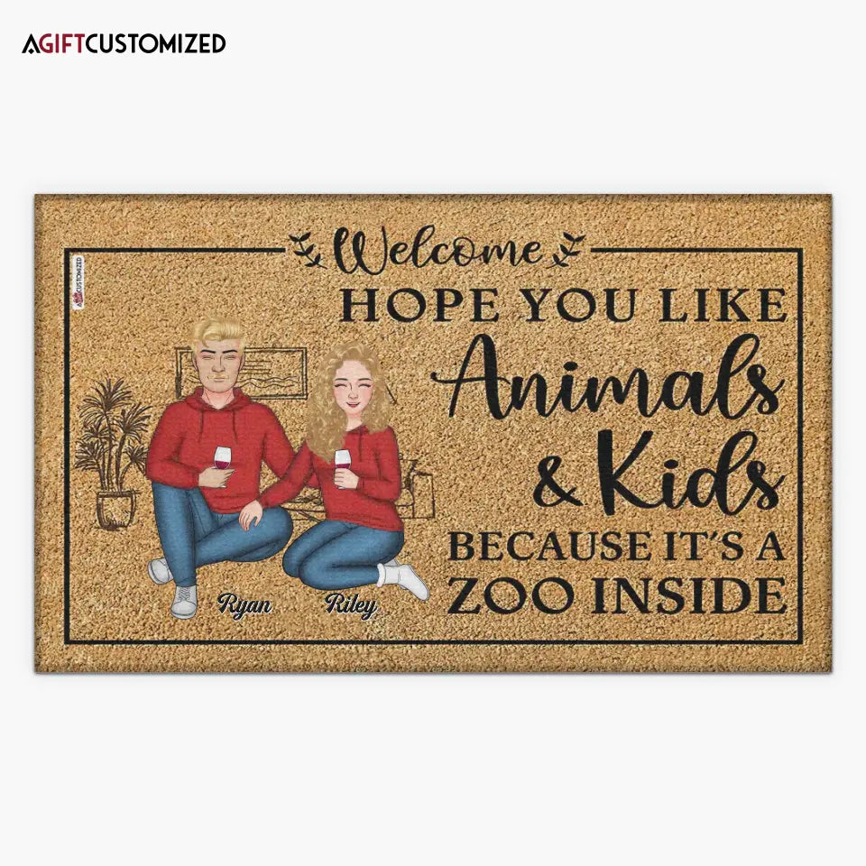 Agiftcustomized Personalized Doormat - Welcoming Gift For Family, Couple, Husband, Wife - Hope You Like Animals & Kids