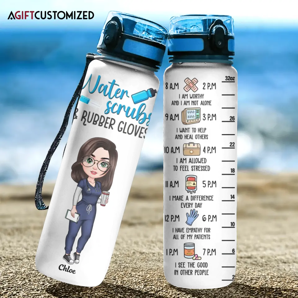 Agiftcustomized Personalized Custom Water Tracker Bottle - Teacher's Day, Appreciation Gift For Teacher - Water Scrubs And Rubber Gloves