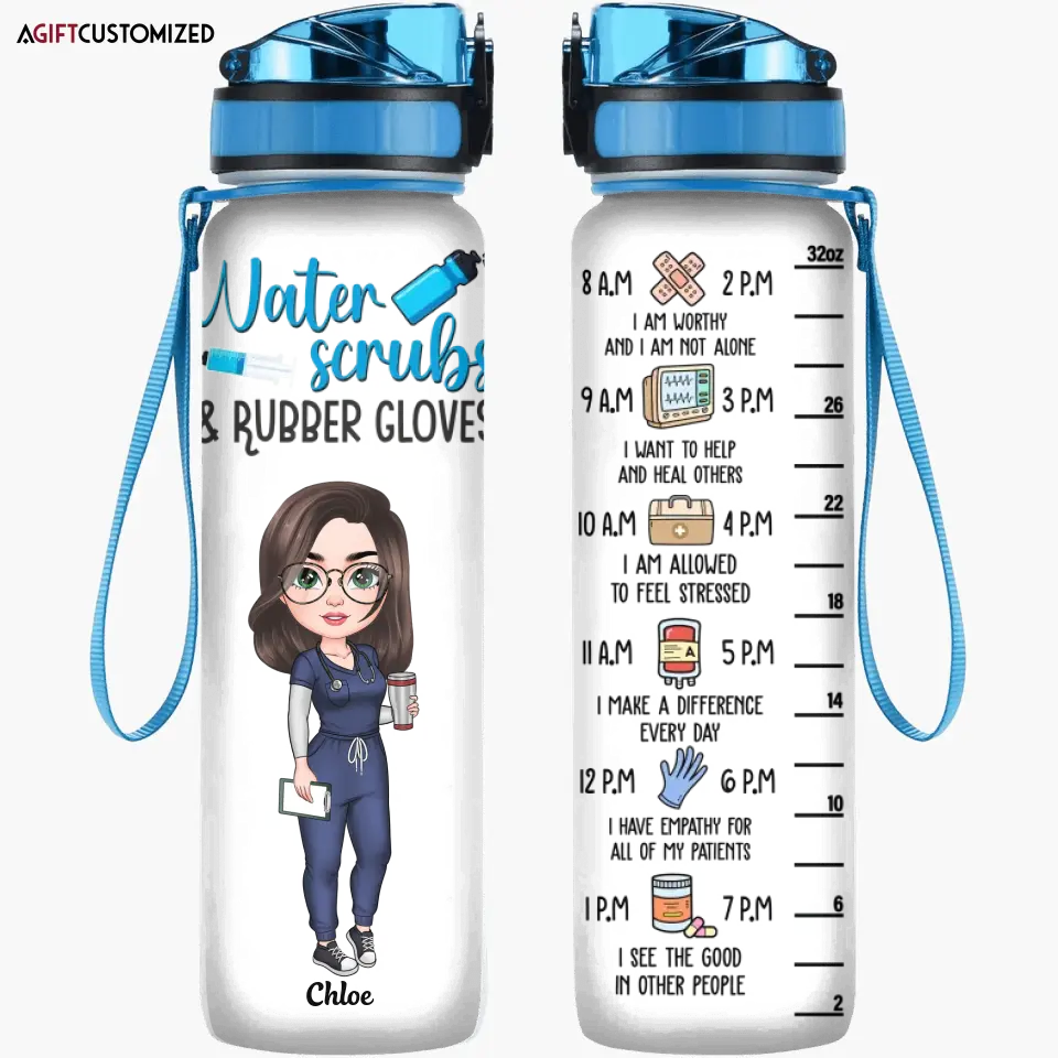 Agiftcustomized Personalized Custom Water Tracker Bottle - Teacher's Day, Appreciation Gift For Teacher - Water Scrubs And Rubber Gloves