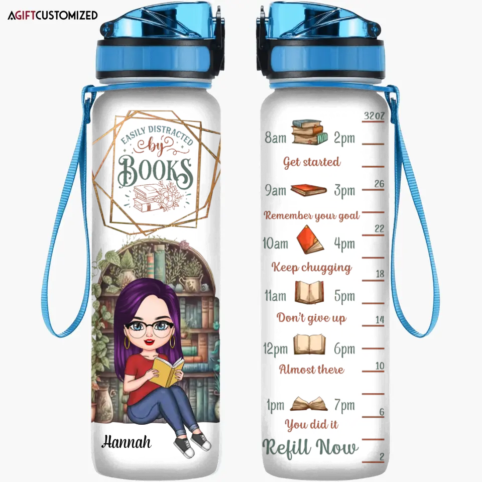 Agiftcustomized Personalized Custom Water Tracker Bottle - Birthday Gift For Reading Lover - Easily Distracted By Books