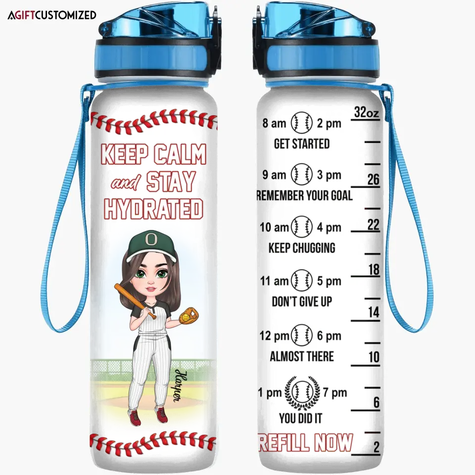 Agiftcustomized Personalized Custom Water Tracker Bottle - Birthday Gift For Baseball, Softball Lover - Keep Calm And Stay Hydrated