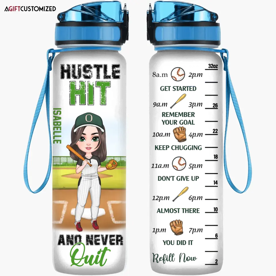 Agiftcustomized Personalized Custom Water Tracker Bottle - Birthday Gift For Baseball, Softball Lover - Hustle Hit And Never Quit
