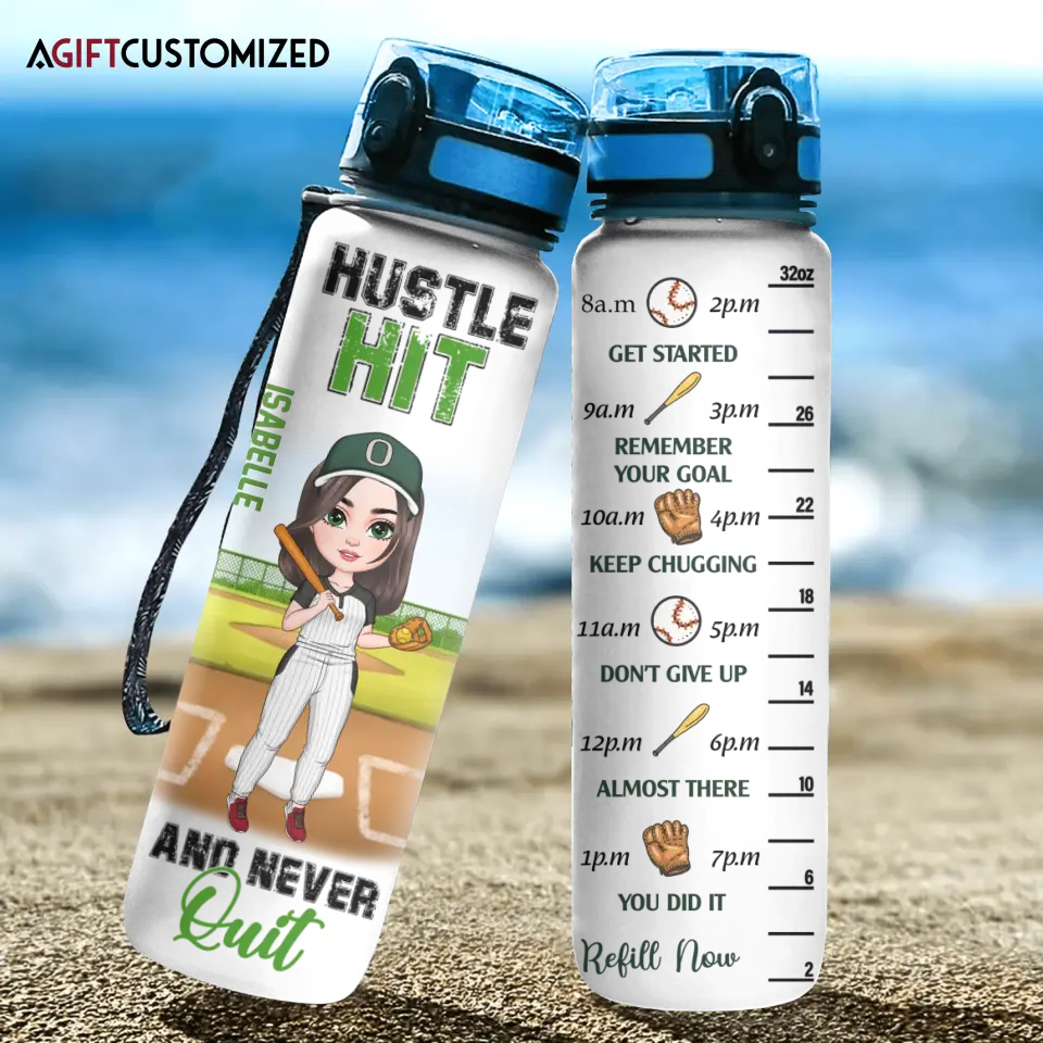 Agiftcustomized Personalized Custom Water Tracker Bottle - Birthday Gift For Baseball, Softball Lover - Hustle Hit And Never Quit