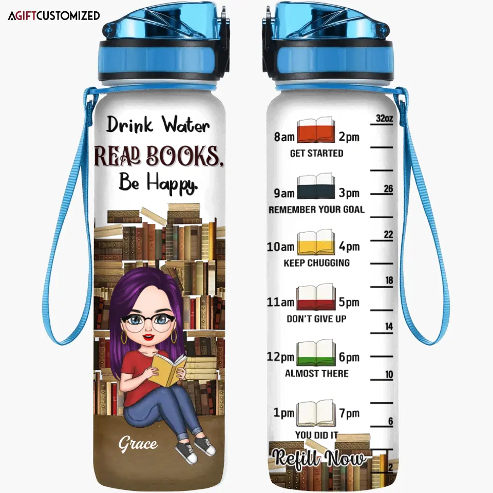 Agiftcustomized Personalized Custom Water Tracker Bottle - Birthday Gift For Reading Lover - Drink Water Read Books Be Happy