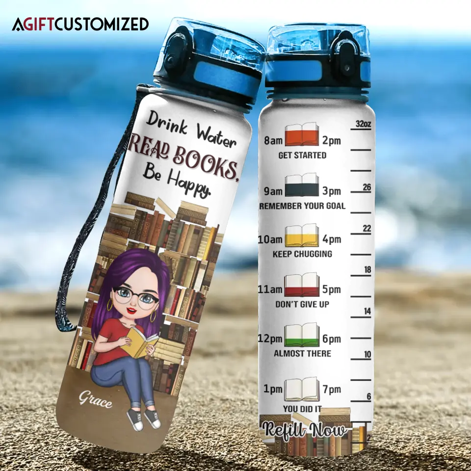 Agiftcustomized Personalized Custom Water Tracker Bottle - Birthday Gift For Reading Lover - Drink Water Read Books Be Happy