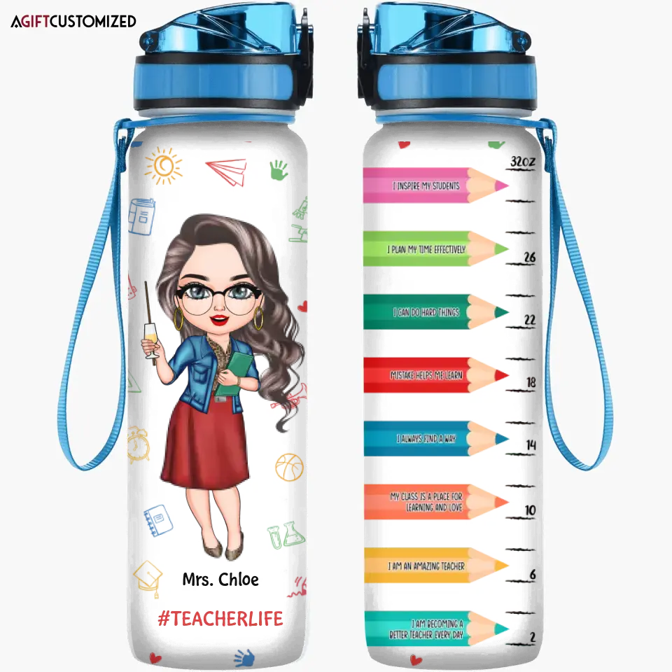 Agiftcustomized Personalized Custom Water Tracker Bottle - Teacher's Day, Birthday Gift For Teacher - Teacher Crayons