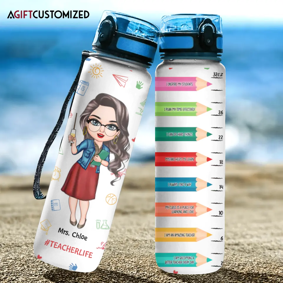 Agiftcustomized Personalized Custom Water Tracker Bottle - Teacher's Day, Birthday Gift For Teacher - Teacher Crayons