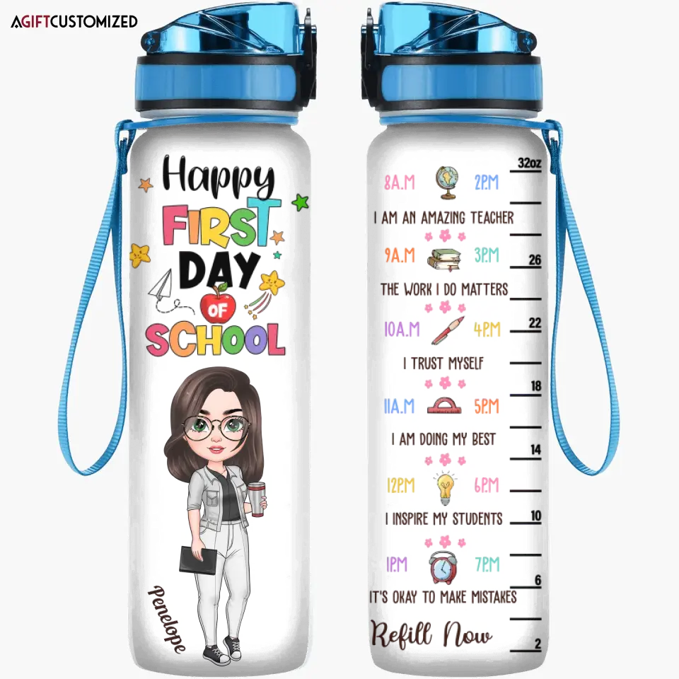 Agiftcustomized Personalized Custom Water Tracker Bottle - Teacher's Day, Birthday Gift For Teacher - Happy First Day Of School