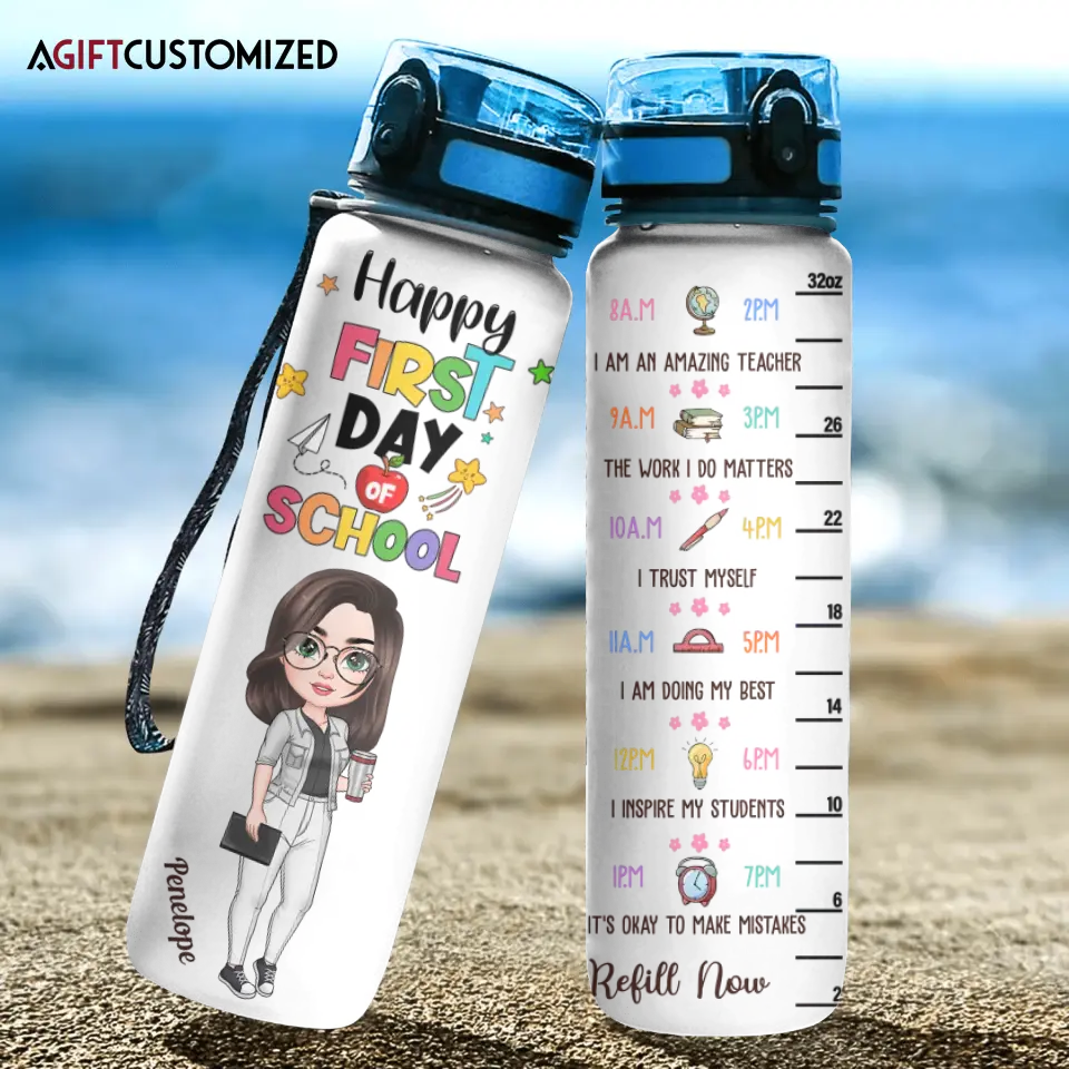 Agiftcustomized Personalized Custom Water Tracker Bottle - Teacher's Day, Birthday Gift For Teacher - Happy First Day Of School