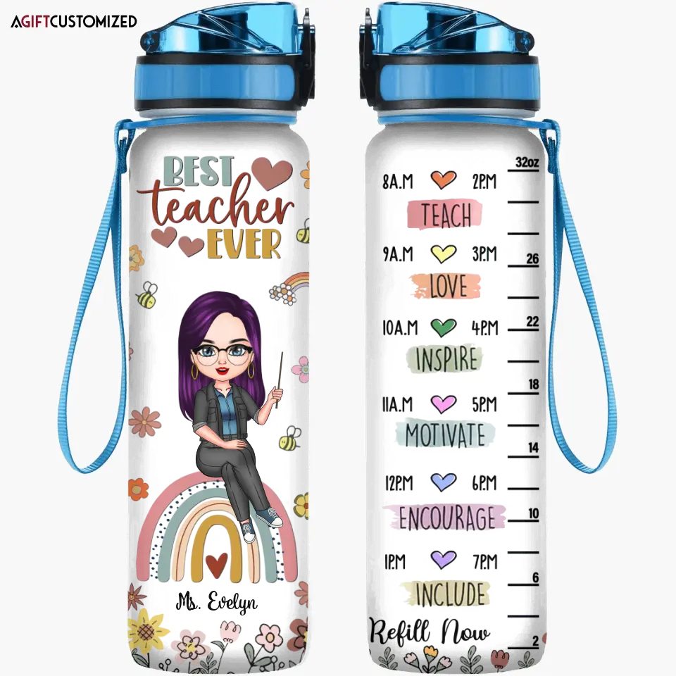 Agiftcustomized Personalized Custom Water Tracker Bottle - Teacher's Day, Birthday Gift For Teacher - Teach Love Inspire Motivate