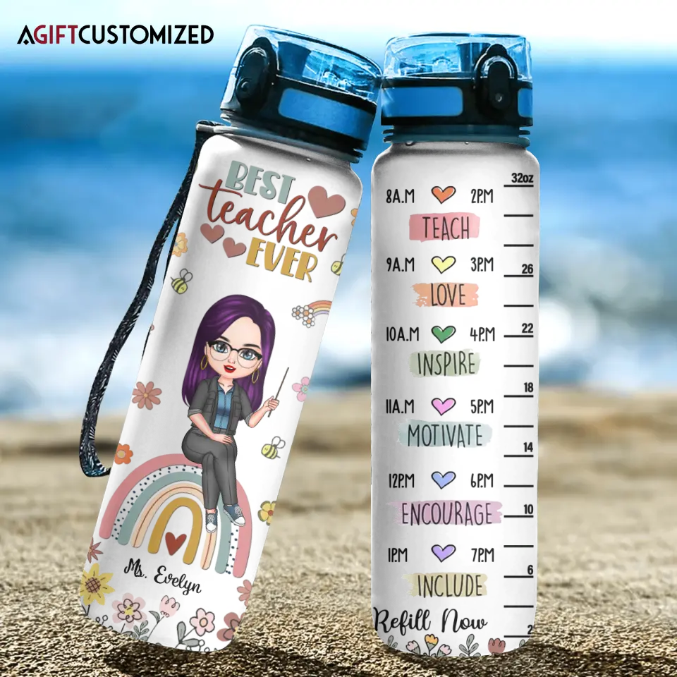 Agiftcustomized Personalized Custom Water Tracker Bottle - Teacher's Day, Birthday Gift For Teacher - Teach Love Inspire Motivate